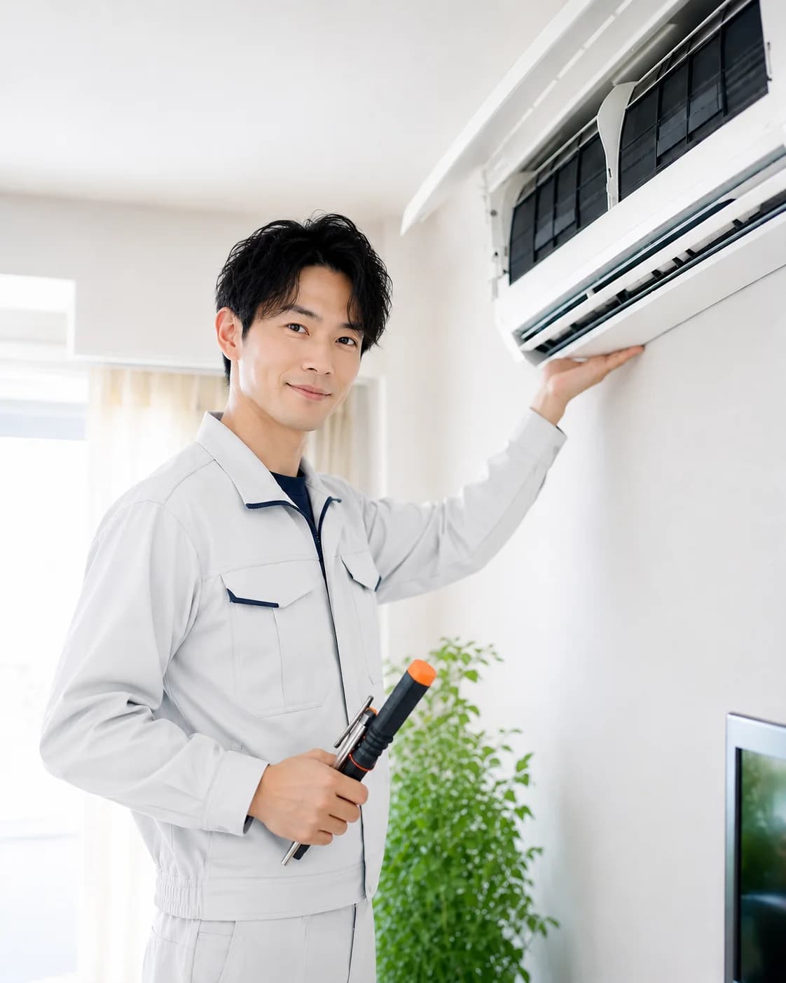 ご訪問でエアコン取付作業を行うAII Cleanのスタッフ